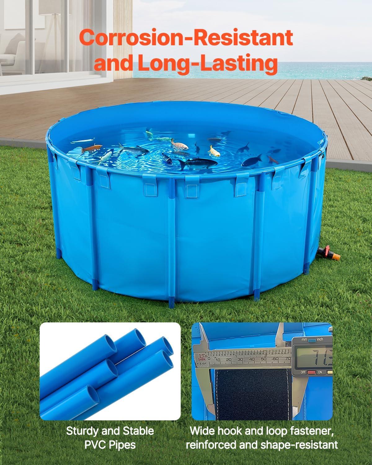 image:imageVEVOR KOI Aquarium Tank Above Ground Fish Pond 127 Gallon Foldable Canvas Fish Pool Pond with Clear Viewing Panel OutdoorIndoor No Dig Turtle Goldfish Pond with 304SS Frame and Drain ValveRoundBlue