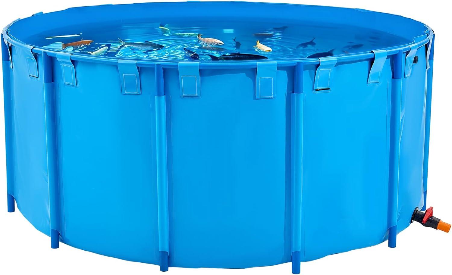 image:imageVEVOR KOI Aquarium Tank Above Ground Fish Pond 127 Gallon Foldable Canvas Fish Pool Pond with Clear Viewing Panel OutdoorIndoor No Dig Turtle Goldfish Pond with 304SS Frame and Drain ValveRoundBlue