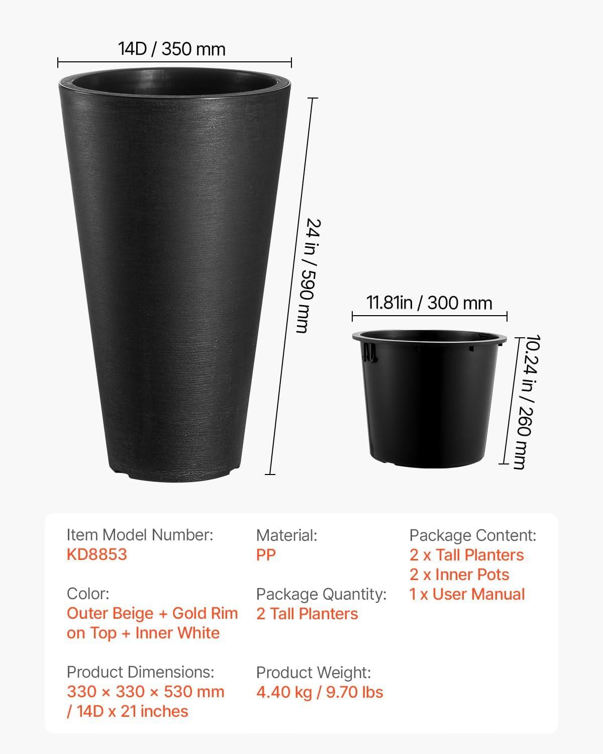 image:imageVEVOR Set of 2 Tall Outdoor Planters 21 H Round Large Planters for Front Porch and Patio Stone Finish Flower Tree Plant PotsBlack