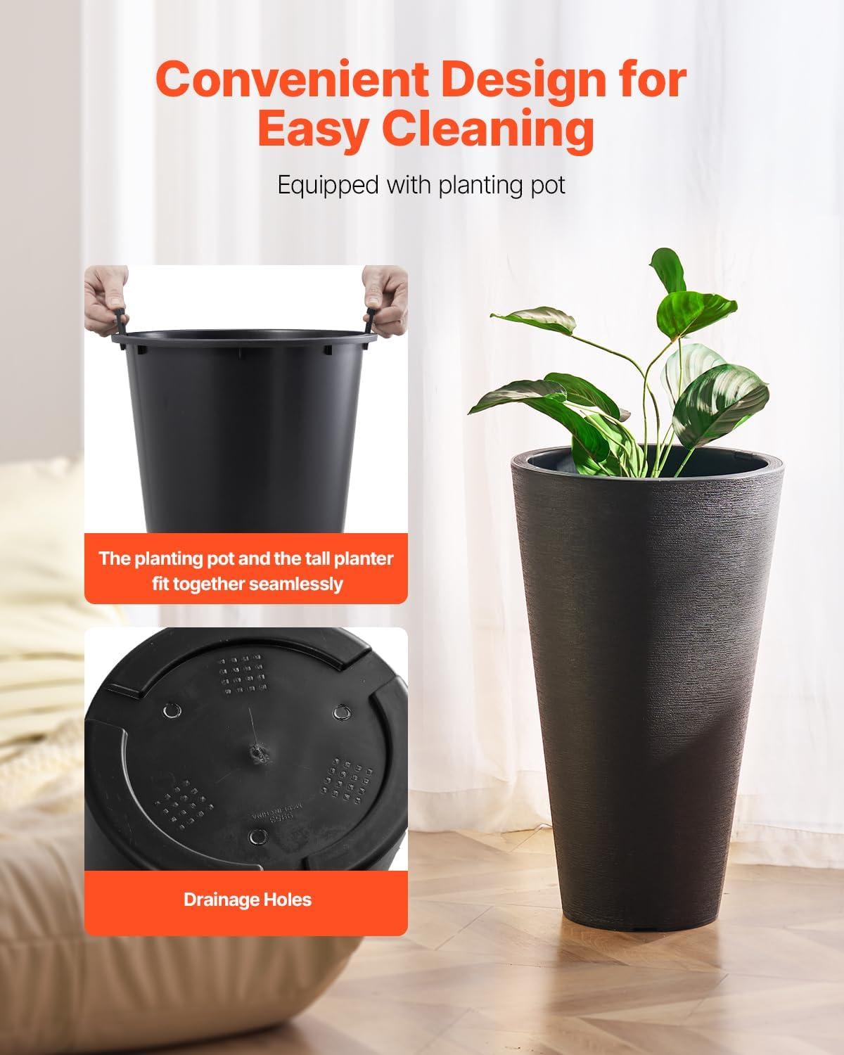 image:imageVEVOR Set of 2 Tall Outdoor Planters 21 H Round Large Planters for Front Porch and Patio Stone Finish Flower Tree Plant PotsBlack