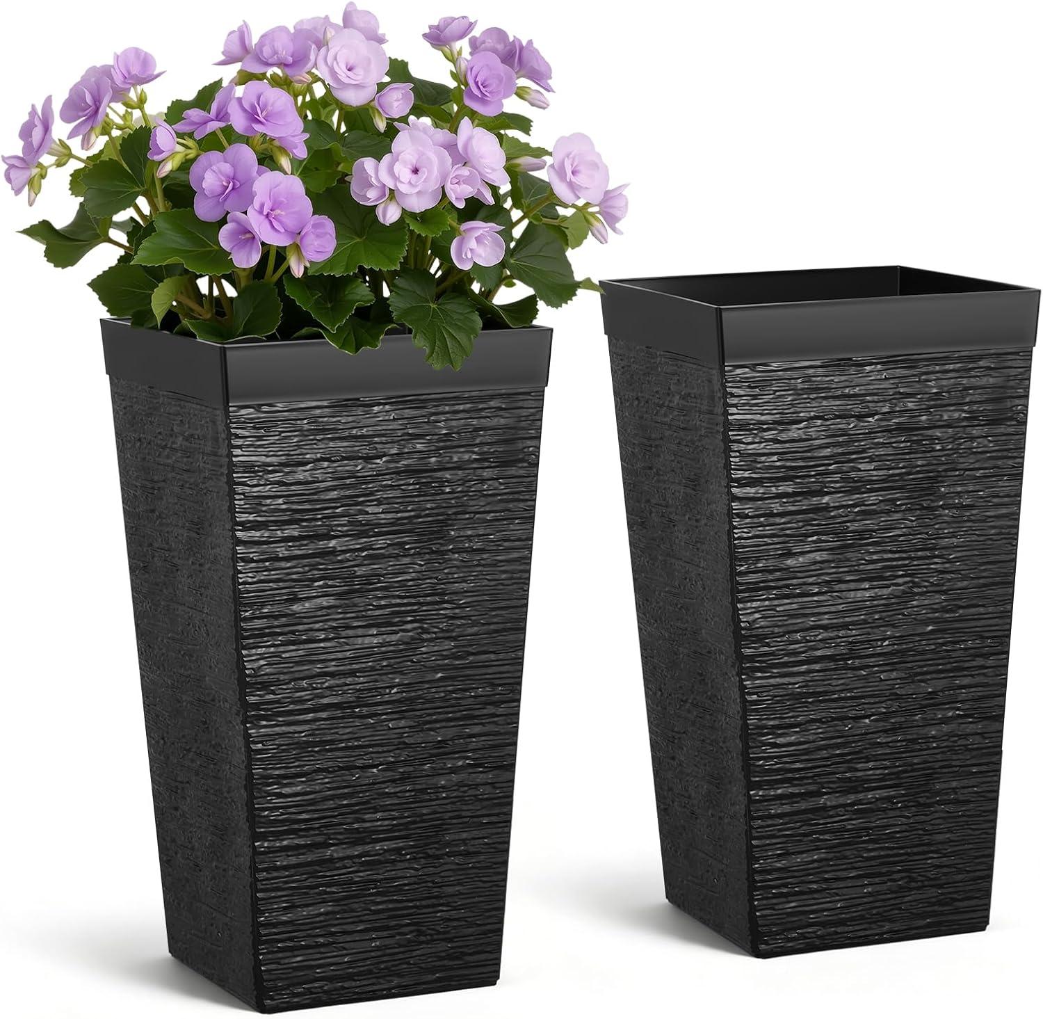 image:imageVEVOR Set of 2 Tall Outdoor Planters 21 H Round Large Planters for Front Porch and Patio Stone Finish Flower Tree Plant PotsBlack