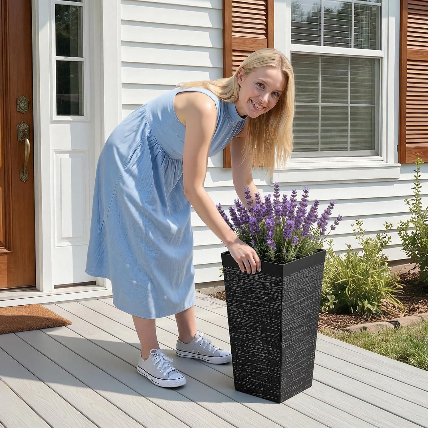 image:imageVEVOR Set of 2 Tall Outdoor Planters 21 H Round Large Planters for Front Porch and Patio Stone Finish Flower Tree Plant PotsBlack