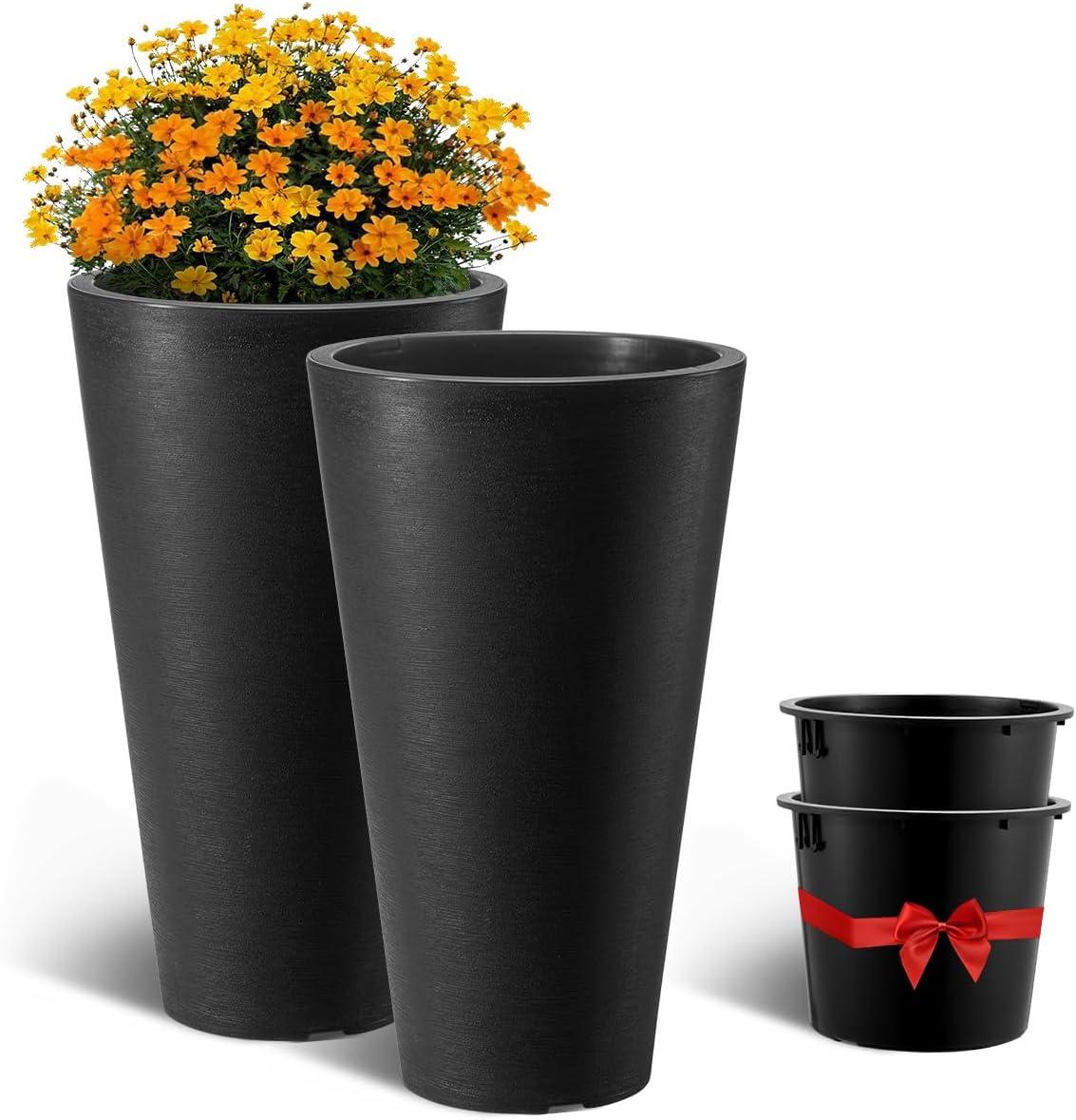 image:imageVEVOR Set of 2 Tall Outdoor Planters 21 H Round Large Planters for Front Porch and Patio Stone Finish Flower Tree Plant PotsBlack