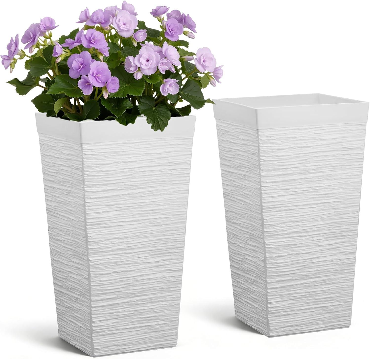 image:imageVEVOR Set of 2 Tall Outdoor Planters 21 H Round Large Planters for Front Porch and Patio Stone Finish Flower Tree Plant PotsWhite