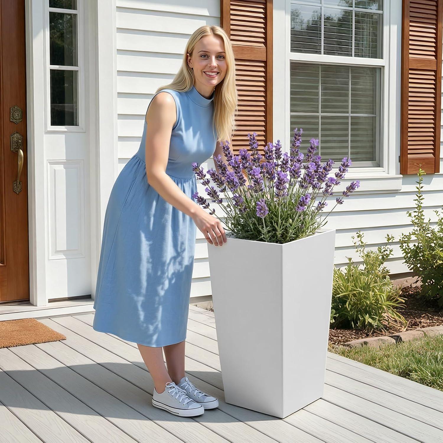 image:imageVEVOR Set of 2 Tall Outdoor Planters 21 H Round Large Planters for Front Porch and Patio Stone Finish Flower Tree Plant PotsWhite