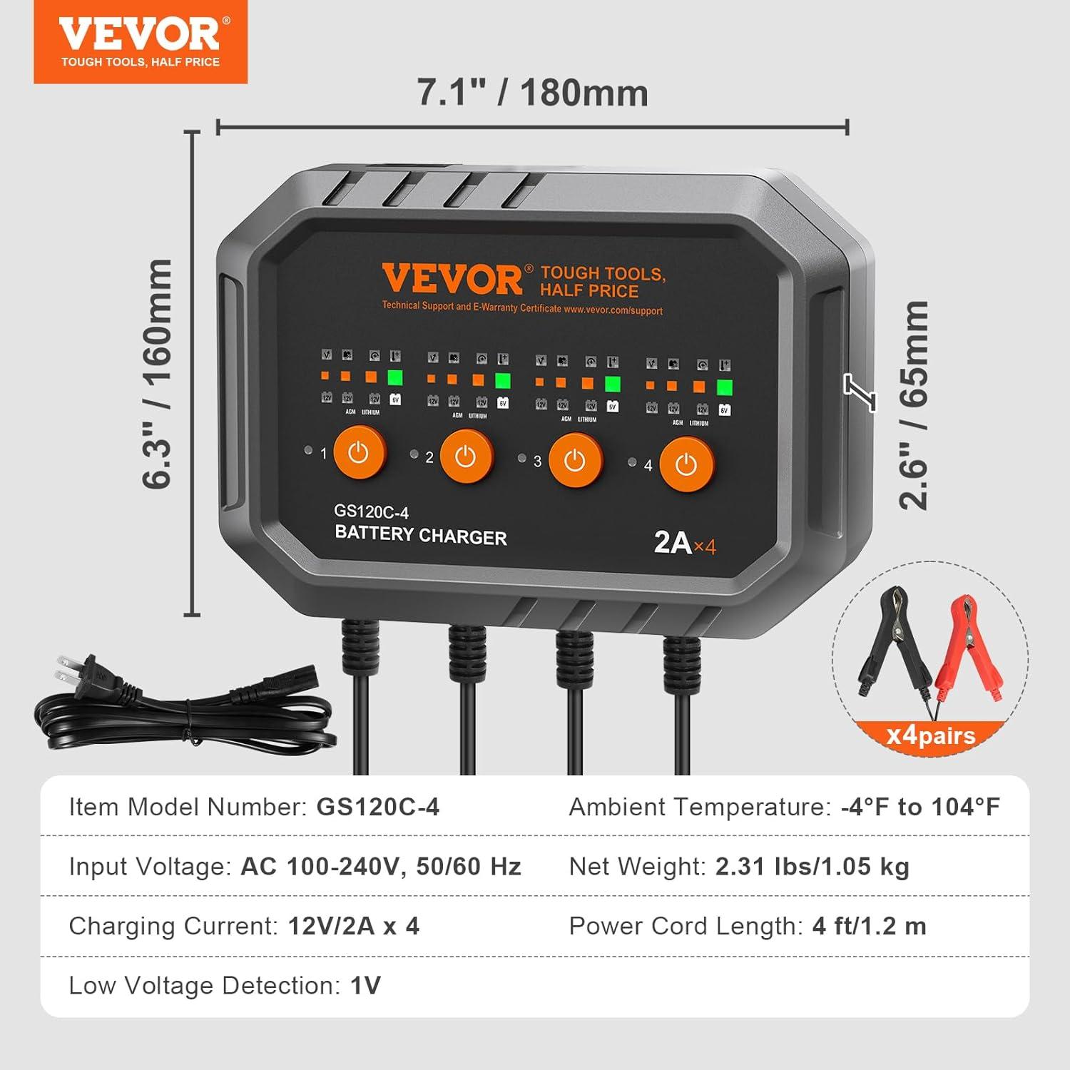 image:imageVEVOR Smart Battery Charger 2A x 4 LiFePO4 LeadAcid AGMGelSLA Car Battery Charger FullyAutomatic Charger Maintainer Desulfator for Boat Motorcycle Lawn Mower Golf Cart Marine Deep Cycle2amp4