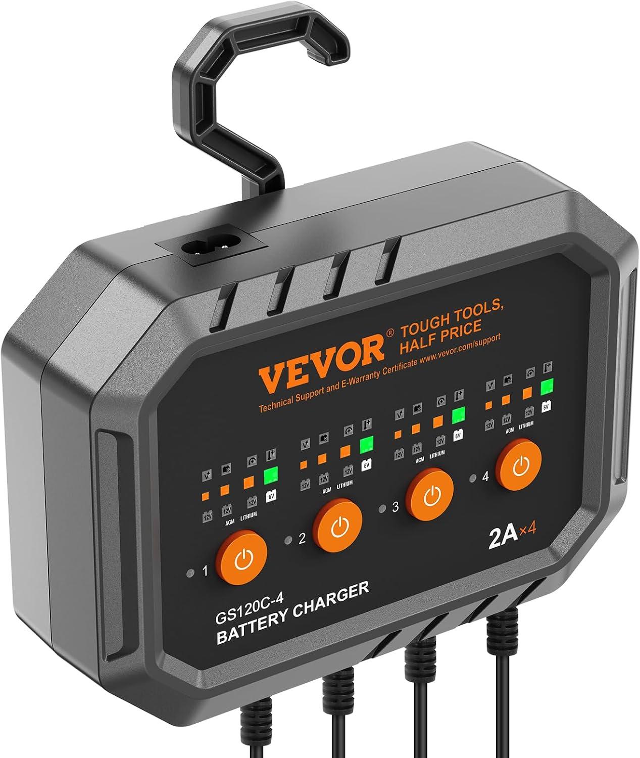 image:imageVEVOR Smart Battery Charger 2A x 4 LiFePO4 LeadAcid AGMGelSLA Car Battery Charger FullyAutomatic Charger Maintainer Desulfator for Boat Motorcycle Lawn Mower Golf Cart Marine Deep Cycle2amp4