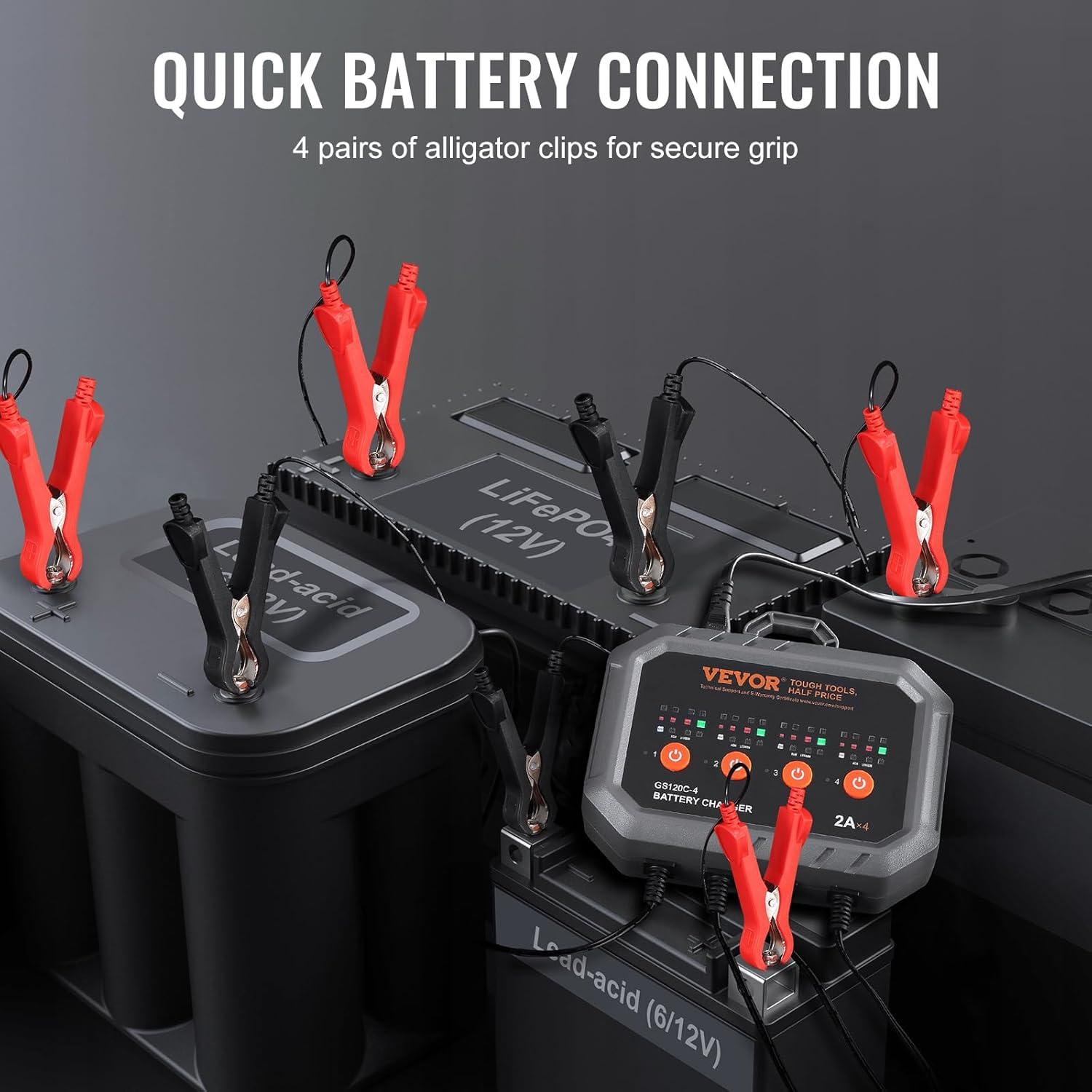 image:imageVEVOR Smart Battery Charger 2A x 4 LiFePO4 LeadAcid AGMGelSLA Car Battery Charger FullyAutomatic Charger Maintainer Desulfator for Boat Motorcycle Lawn Mower Golf Cart Marine Deep Cycle2amp4