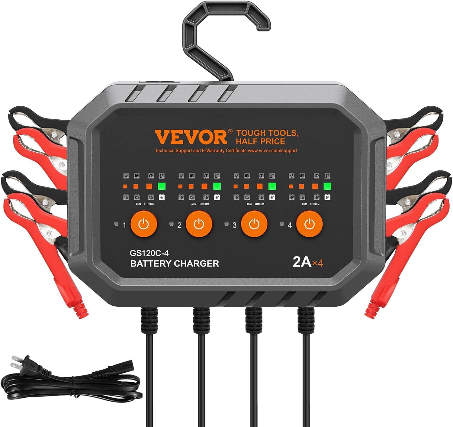 image:imageVEVOR Smart Battery Charger 2A x 4 LiFePO4 LeadAcid AGMGelSLA Car Battery Charger FullyAutomatic Charger Maintainer Desulfator for Boat Motorcycle Lawn Mower Golf Cart Marine Deep Cycle2amp4