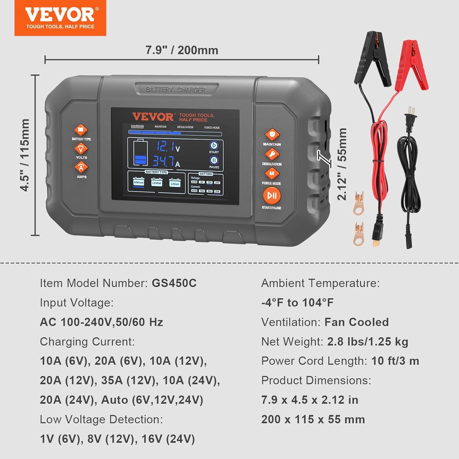 image:imageVEVOR Smart Battery Charger 2A x 4 LiFePO4 LeadAcid AGMGelSLA Car Battery Charger FullyAutomatic Charger Maintainer Desulfator for Boat Motorcycle Lawn Mower Golf Cart Marine Deep Cycle35amp