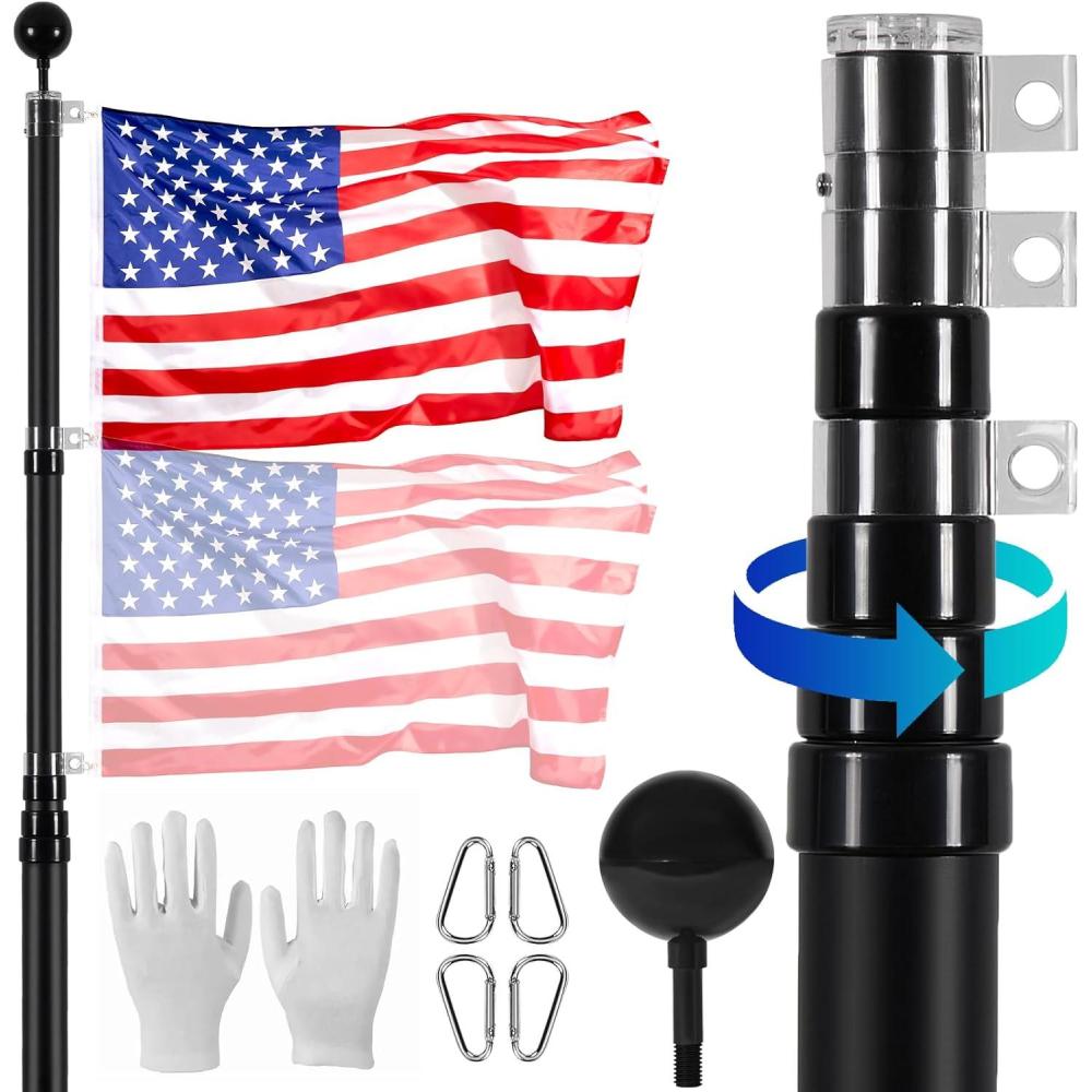 image:imageVEVOR 20FT Telescoping Flag Pole Kit Heavy Duty Aluminum Alloy in Ground Flag Poles for Outside 3 Display Modes Flagpole with 3x5 American Flag Professional Accessories SilverBlack