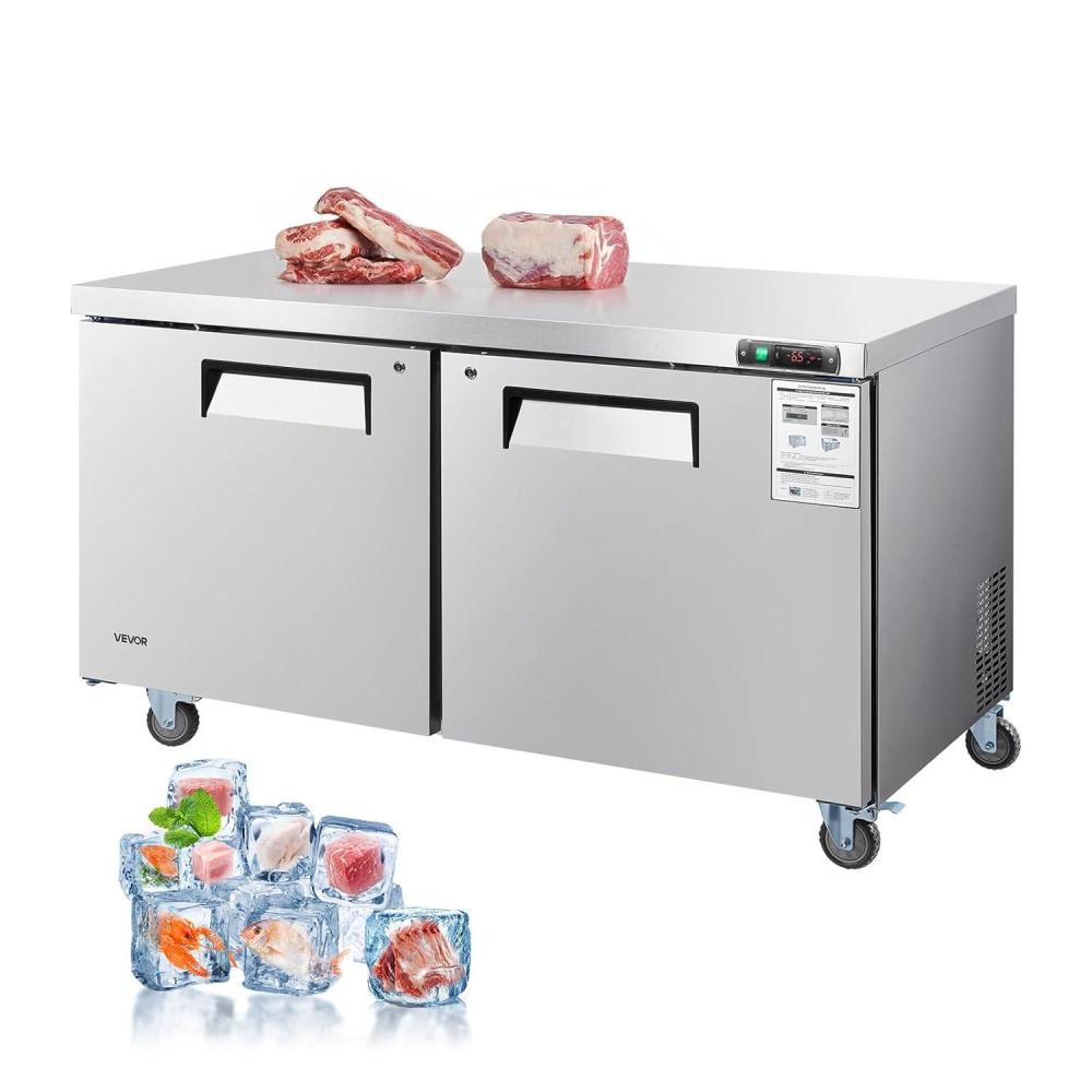image:imageVEVOR 60 W Commercial Freezer 148 CuFt Worktop Freezers Undercounter with LED Auto Lighting and Lockable Door 2 Doors Food Freezing Prep Worktable Stainless Steel Prep Frozen Table with Casters