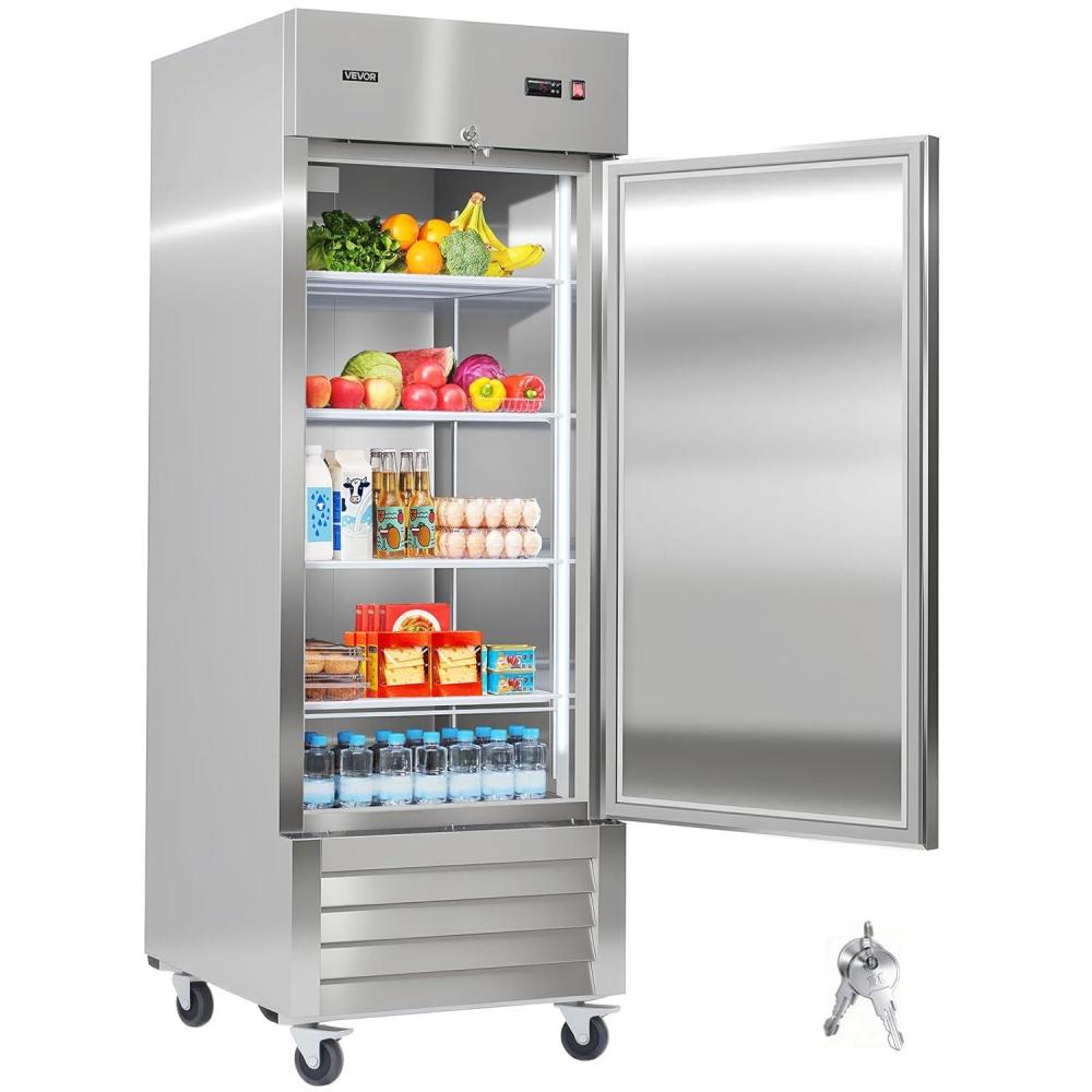 image:imageVEVOR Commercial ReachIn Refrigerator 29 W 22 CuFt Stainless Steel Upright Refrigerator with Single Glass Door AutoDefrost 4 Adjustable Shelves 32 to 50 Temp Control ETL Certified29W 1 DoorRefrigerator