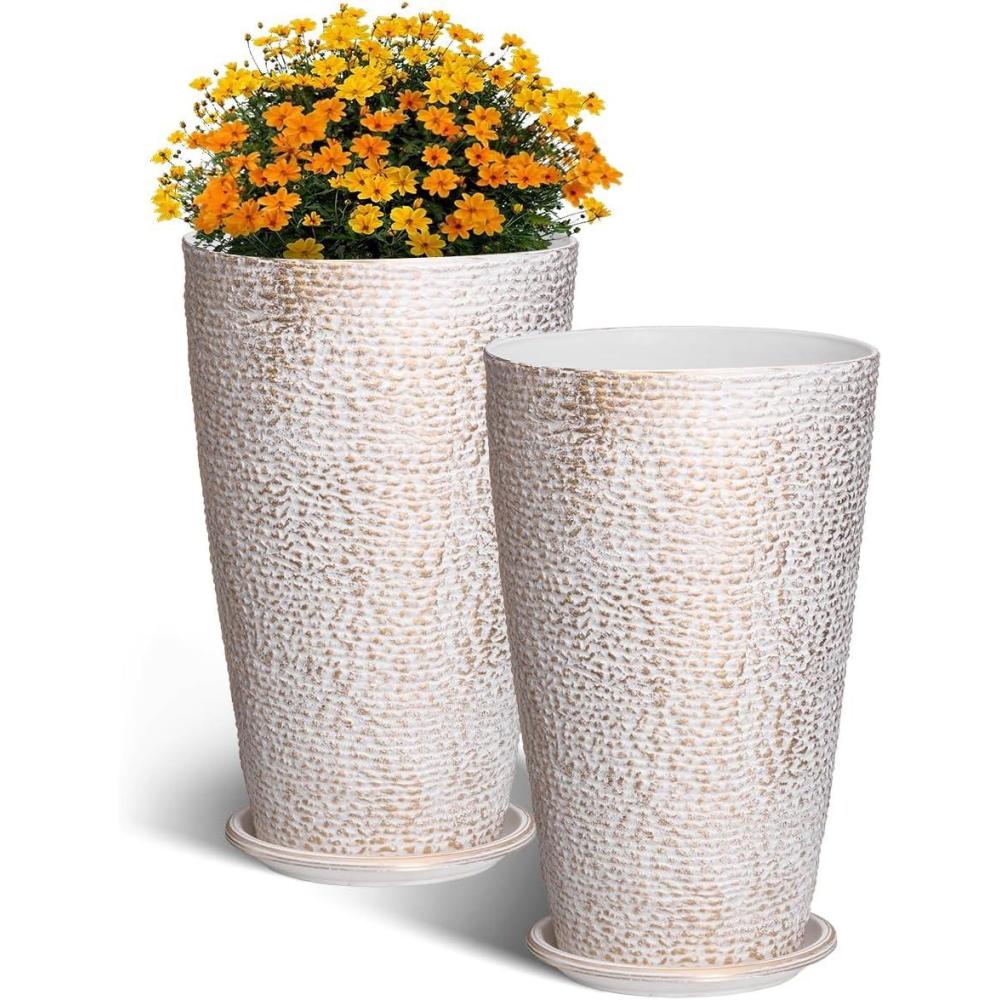 image:imageVEVOR Set of 2 Tall Outdoor Planters 21 H Round Large Planters for Front Porch and Patio Stone Finish Flower Tree Plant PotsBeige