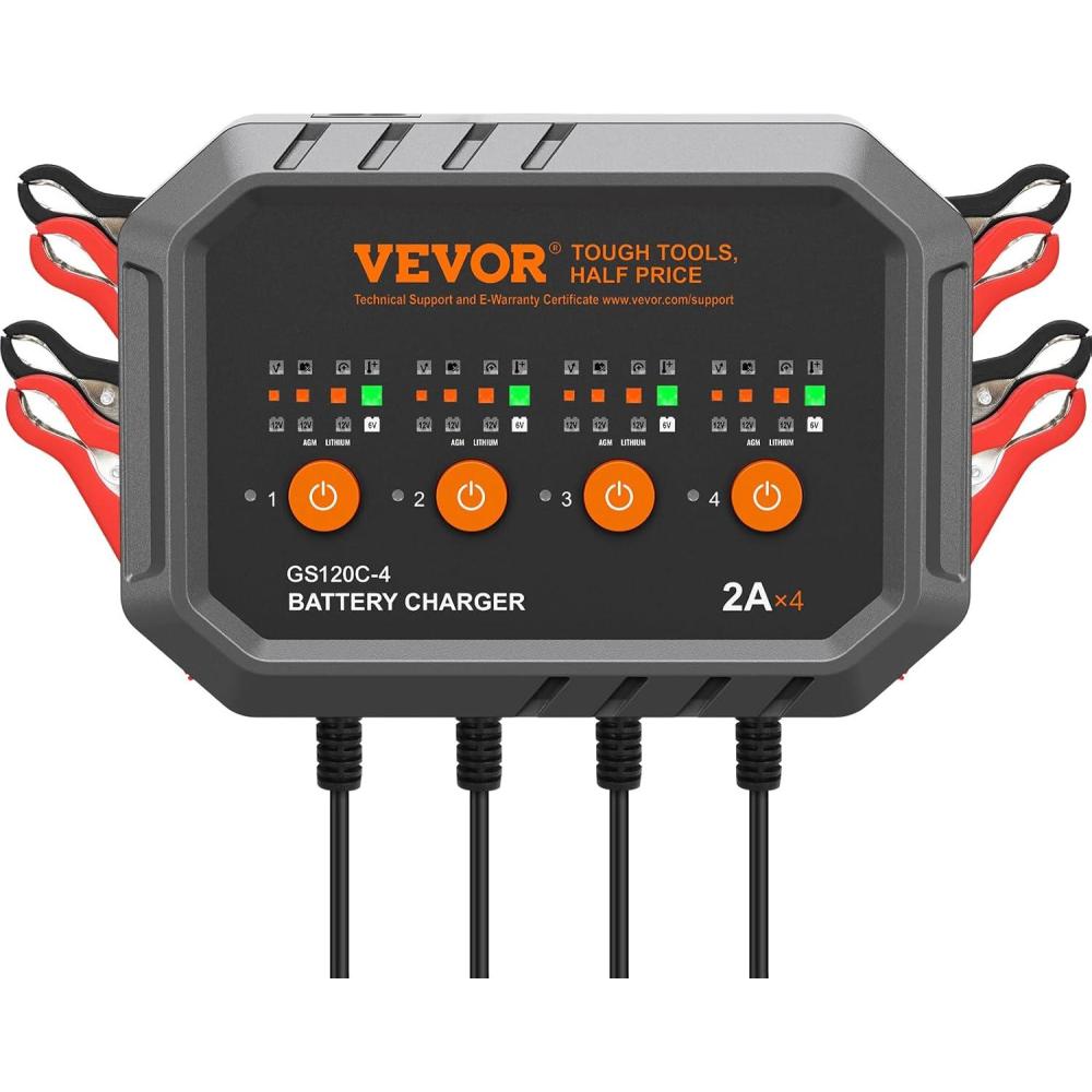 image:imageVEVOR Smart Battery Charger 2A x 4 LiFePO4 LeadAcid AGMGelSLA Car Battery Charger FullyAutomatic Charger Maintainer Desulfator for Boat Motorcycle Lawn Mower Golf Cart Marine Deep Cycle2amp4