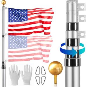 VEVOR 20FT Telescoping Flag Pole Kit, Heavy Duty Aluminum Alloy in Ground Flag Poles for Outside, 3 Display Modes Flagpole with 3×5 American Flag, Professional Accessories, Silver(Silver)