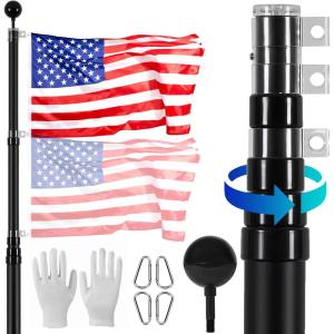 VEVOR 20FT Telescoping Flag Pole Kit, Heavy Duty Aluminum Alloy in Ground Flag Poles for Outside, 3 Display Modes Flagpole with 3×5 American Flag, Professional Accessories, Silver(Black)