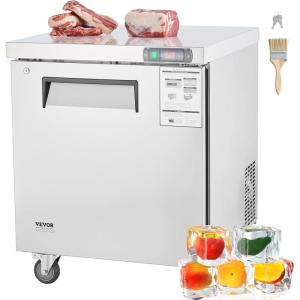 VEVOR 28″ W Commercial Freezer Worktop, 7.4 Cu. Ft Undercounter Freezers with/Casters, <0~-8℉>Defrost Frozen Prep Table, Single Door Stainless Steel Food Frozen Prep Station for Restaurant, Diner
