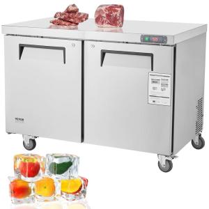 VEVOR 48″ W Commercial Freezer Worktop, 12.9 Cu. Ft Undercounter Freezers with/Casters, <0~-8℉>Defrost Frozen Prep Table, 2 Doors Stainless Steel Food Frozen Prep Station for Restaurant, Diner, Bar