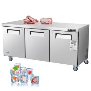 VEVOR 72″ W Commercial Freezer, 17.7 Cu.Ft Worktop Freezers Undercounter with LED Auto Lighting and Lockable Door, 3 Doors Food Freezing Prep Worktable, Stainless Steel Prep Frozen Table with Casters