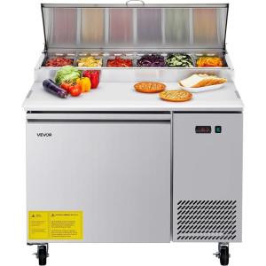 VEVOR Commercial Refrigerator, 44″ W Pizza Prep Refrigerated Table, 19.3″ Ultra Wide Countertop Food Prep Cooler, 11 Cu.Ft Single Door Salad Prep Fridge, 6 Pans Pizza Make Worktop with Cutting Board(44“ Pizza Prep Refrigerator)