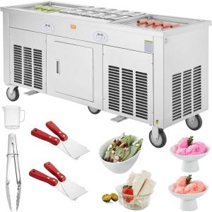 VEVOR Fried Ice Cream Roll Machine, Stainless Steel Commercial Rolled Ice Cream Maker with Compressor and 4 Scrapers,2Pcs 17.7″ x 17.7″ Square Stir-Fried Ice Cream Pans, for Frozen Yogurt,Ice Cream(2100W-double pans)
