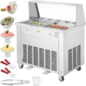 VEVOR Fried Ice Cream Roll Machine, Stainless Steel Commercial Rolled Ice Cream Maker with Compressor and 4 Scrapers,2Pcs 17.7″ x 17.7″ Square Stir-Fried Ice Cream Pans, for Frozen Yogurt,Ice Cream(1750W-double pans)