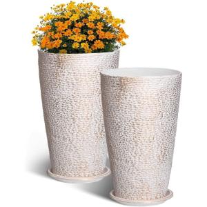 VEVOR Set of 2 Tall Outdoor Planters 21″ H, Round Large Planters for Front Porch and Patio, Stone Finish Flower Tree Plant Pots(Beige)