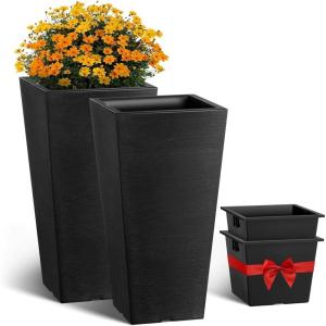 VEVOR Set of 2 Tall Outdoor Planters 21″ H, Round Large Planters for Front Porch and Patio, Stone Finish Flower Tree Plant Pots(Black)