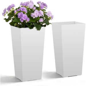 VEVOR Set of 2 Tall Outdoor Planters 21″ H, Round Large Planters for Front Porch and Patio, Stone Finish Flower Tree Plant Pots(White)