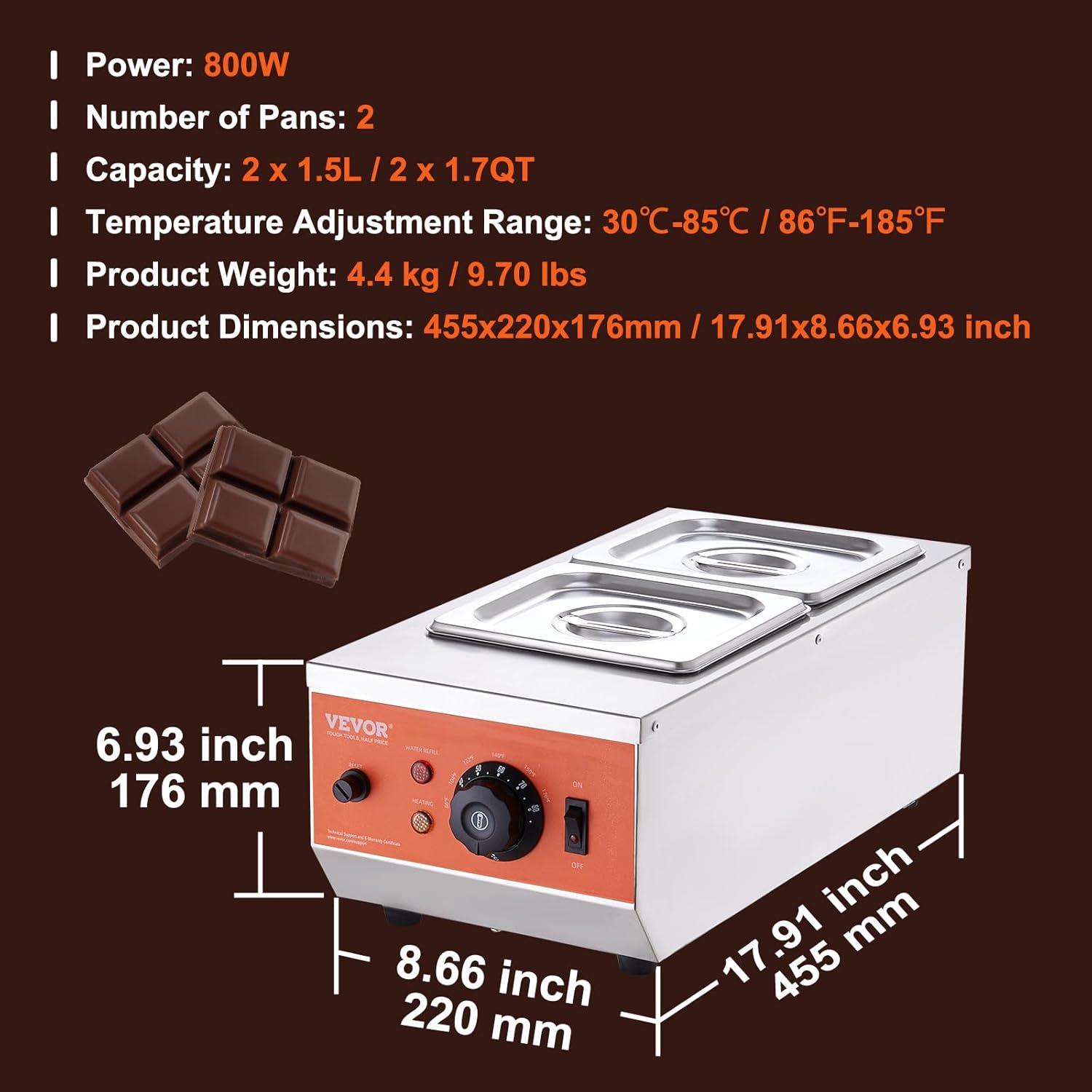 image:imageVEVOR Chocolate Tempering Machine 9 Lbs 2 Tanks Chocolate Melting Pot TEMP Control 86185 1500W Stainless Steel Electric Commercial Food Warmer For ChocolateMilkCream Melting and Heating2 Tank 9 Lb