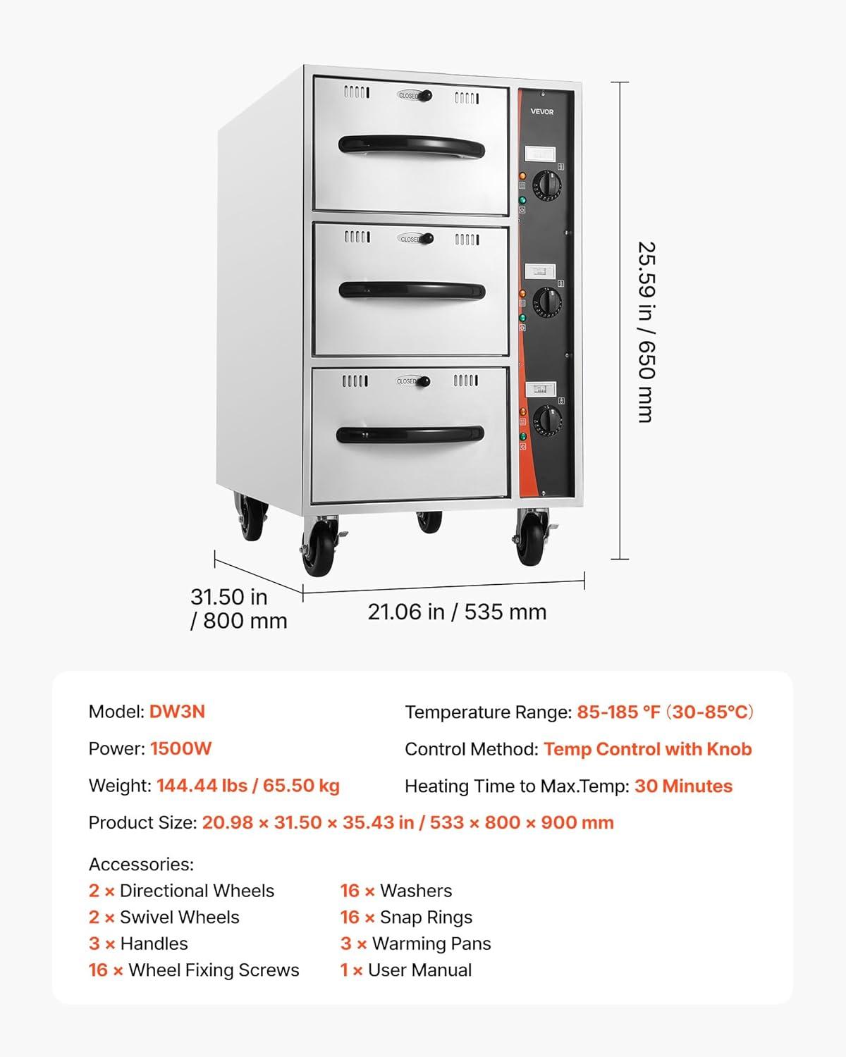 image:imageVEVOR Commercial Electric Drawer Warmer SingleDrawer Stainless Steel Food Warmer Freestanding Compact Warming Drawer Cabinet 85F185F Wide Temperature Range for Restaurant Hotel amp BakeryThree Drawer