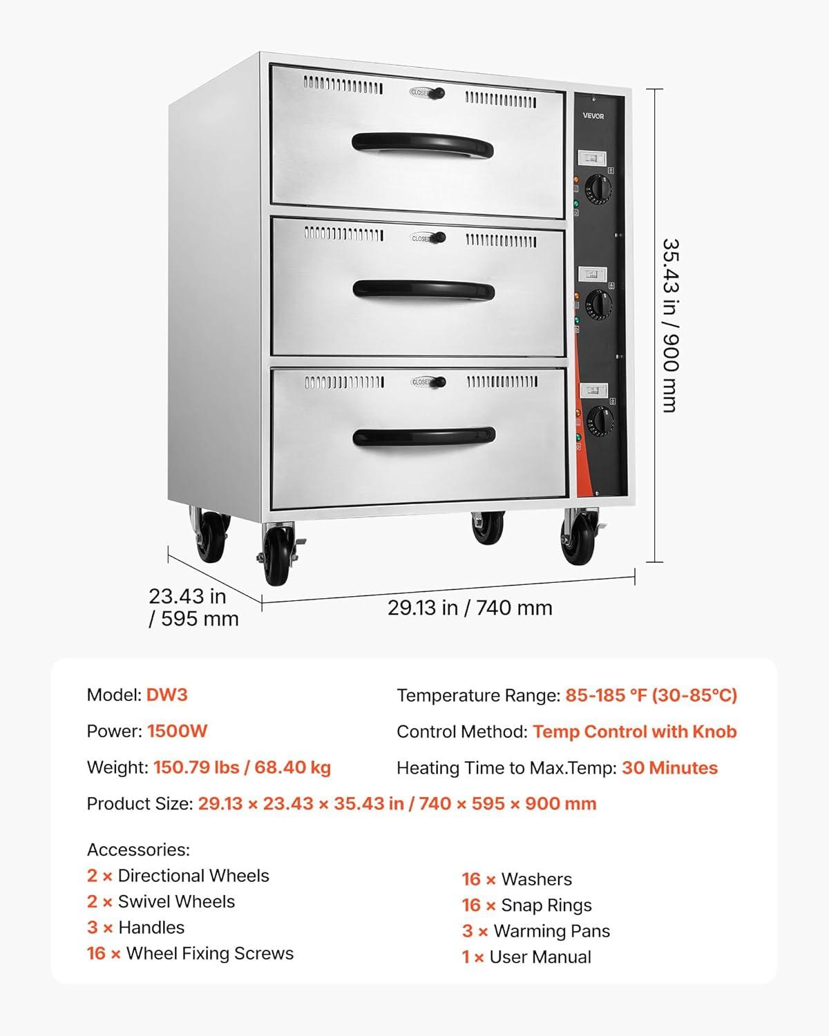 image:imageVEVOR Commercial Electric Drawer Warmer SingleDrawer Stainless Steel Food Warmer Freestanding Standard Warming Drawer Cabinet 85F185F Wide Temperature Range for Restaurant Hotel amp BakeryThree Drawer