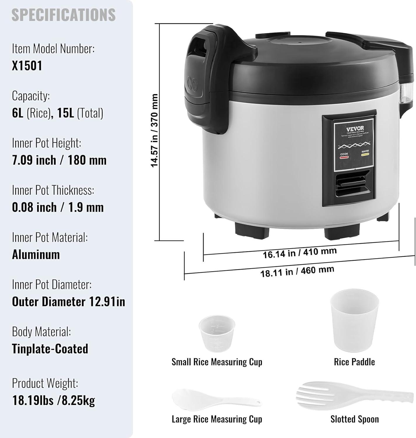 image:imageVEVOR Commercial Rice Cooker 70Cup Rice Cooker 1585 Qt 15 Liter Large Rice Cooker and Warmer with Nonstick Inner Pot Fast Cooking and 12Hour Keep Warm with Rice Cup and Paddle for Restaurant
