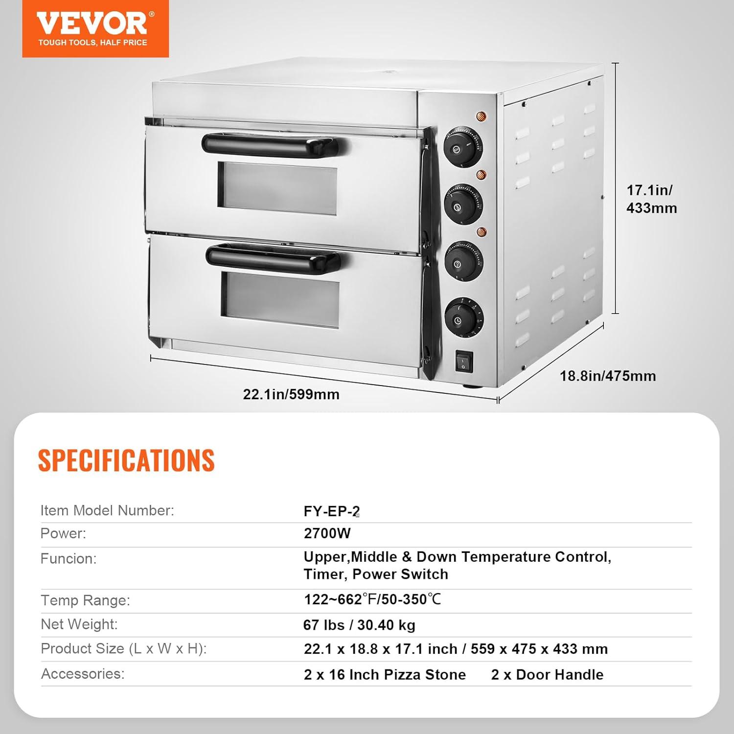 image:imageVEVOR Electric Pizza Oven 18Inch Commercial Pizza Ovens 752F Max Temp 1740W Large Pizza Oven Countertop with Temp amp Time Control Built in Thermometer Indoor Pizza Maker for Restaurant Home Use16Inch Dual Layer