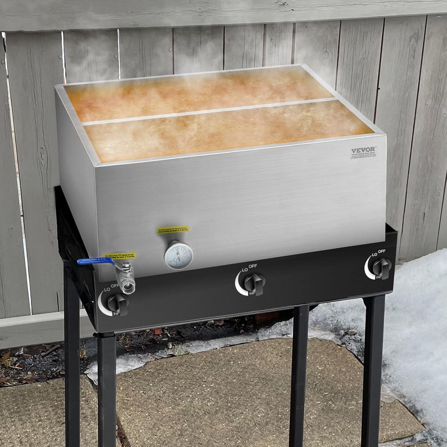 image:imageVEVOR Maple Syrup Evaporator Pan 112 Gal 24 x 18 x 6 Inch Maple Syrup 304 Stainless Steel Maple Syrup Pan Evaporator Pan with 1 Valve and 3 Heating Methods for Home Outdoor24 x 24 x 95 Inch