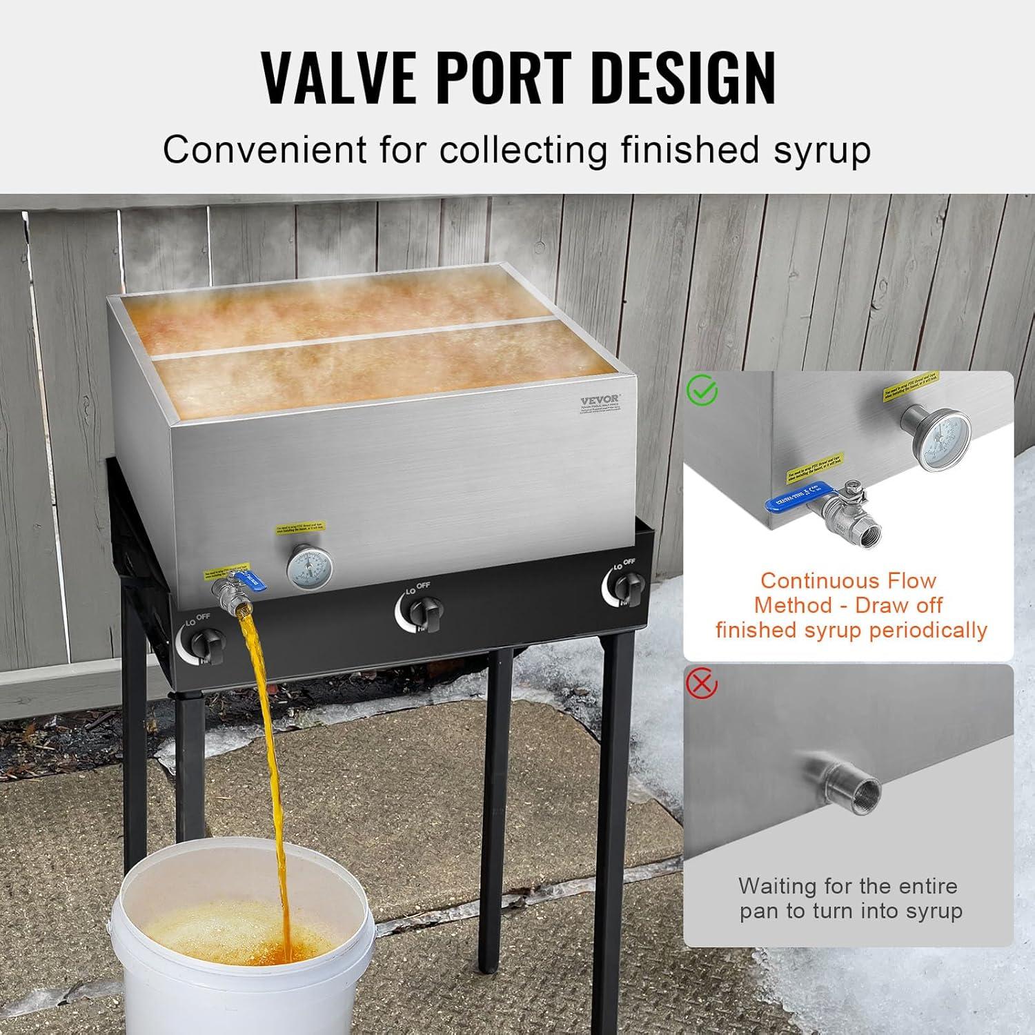 image:imageVEVOR Maple Syrup Evaporator Pan 112 Gal 24 x 18 x 6 Inch Maple Syrup 304 Stainless Steel Maple Syrup Pan Evaporator Pan with 1 Valve and 3 Heating Methods for Home Outdoor24 x 24 x 95 Inch