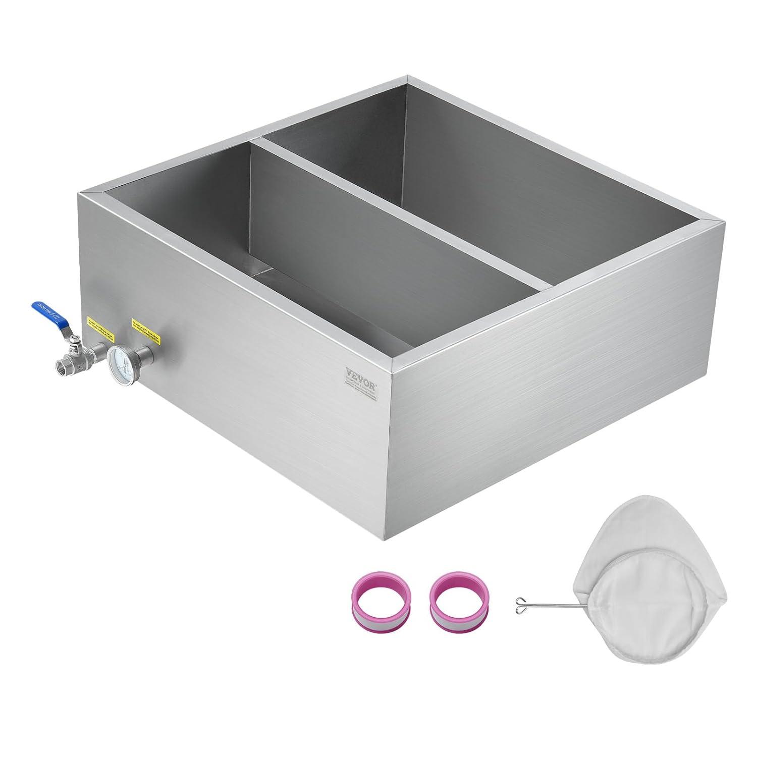 image:imageVEVOR Maple Syrup Evaporator Pan 112 Gal 24 x 18 x 6 Inch Maple Syrup 304 Stainless Steel Maple Syrup Pan Evaporator Pan with 1 Valve and 3 Heating Methods for Home Outdoor24 x 24 x 95 Inch