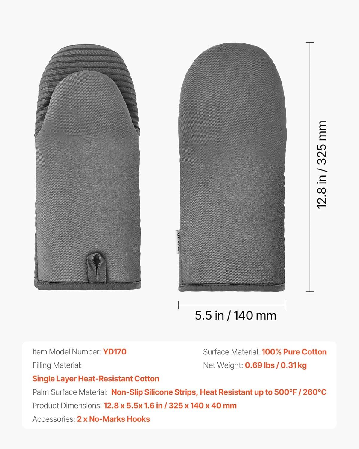 image:imageVEVOR Oven Mitts Mini Oven Mitt Set with NonSlip Silicone Strips High Heat Resistant to 500 Lightweight Cotton Baking Mitts 1307 x 61 inch with 2 NoMarks Hooks for Home Kitchen 2 PieceGray