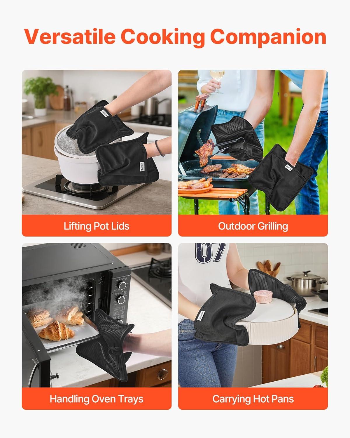 image:imageVEVOR Oven Mitts Mini Oven Mitt Set with NonSlip Silicone Strips High Heat Resistant to 500 Lightweight Cotton Baking Mitts 1307 x 61 inch with 2 NoMarks Hooks for Home Kitchen 2 PieceBlack