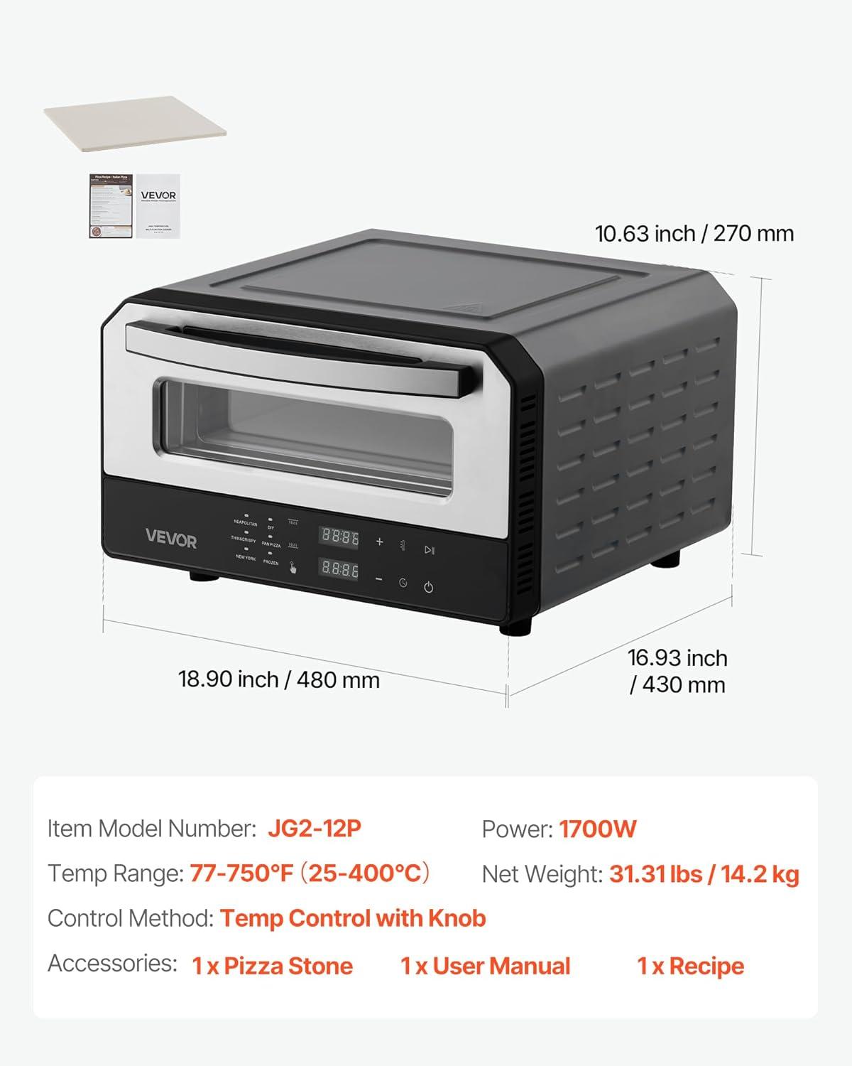 image:imageVEVOR Pizza Oven 8 Presets Electric Pizza Ovens Air Fry Combo 12Inch Indoor Pizza Maker Smart Knob Control 750F Max Temp IPX4 Waterproof Countertop Pizza Cooker wPizza StoneFry Basket12 Inch Smart Pizza Oven