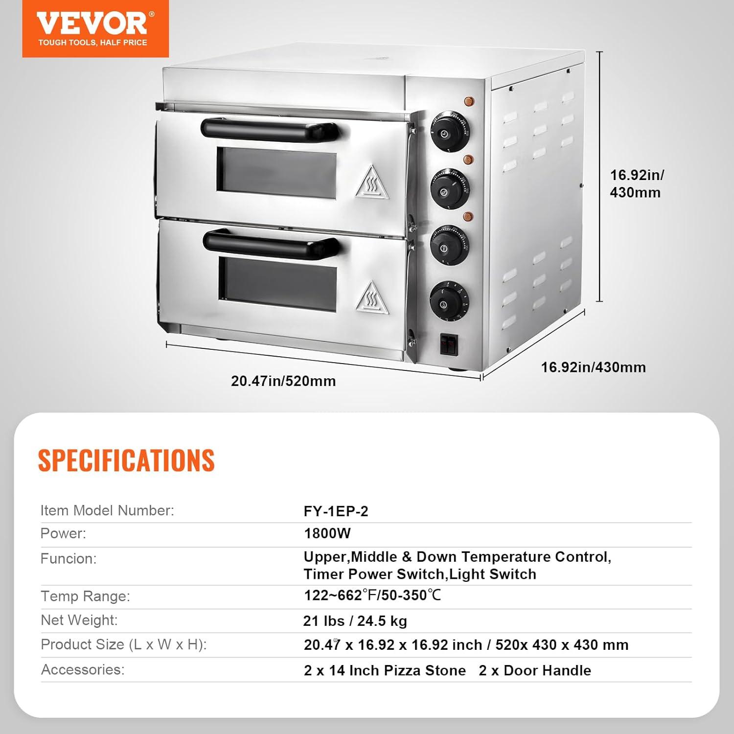 image:imageVEVOR Pizza Oven Electric 24 Commercial Countertop Pizza Oven 842F Max Temp 4200W Indoor Pizza Maker with Thermometer Dual Temp Control Knob Even Heat Pizza Cooker for Restaurant and Home Use14 Inch Dual Layer Pizza Oven