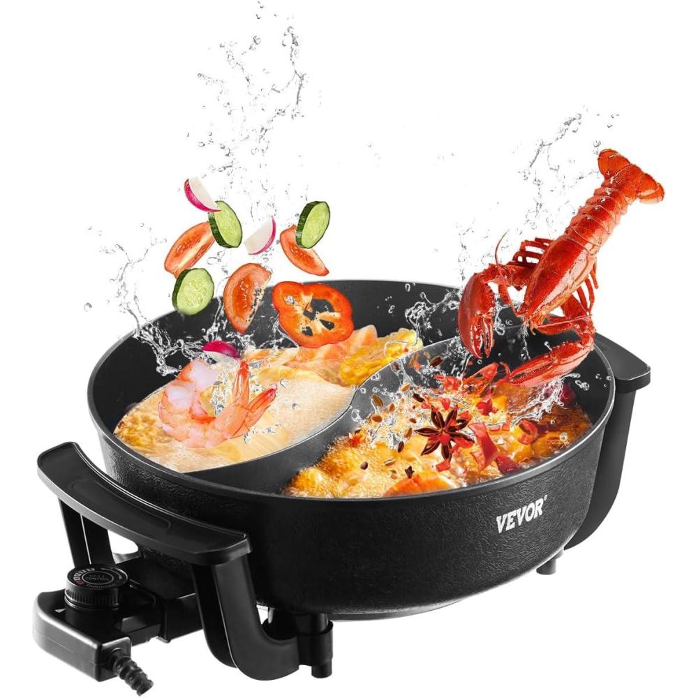 image:imageVEVOR Electric Hot Pot 1360W 5 L Doubleflavor Shabu Shabu Pot NonStick Electric Cooker with Divider Clear Glass Lid Temperature control Chinese Hotpot for 610 People Family Dinning amp Party5 L