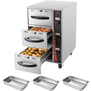 VEVOR Commercial Electric Drawer Warmer, Single-Drawer Stainless Steel Food Warmer, Freestanding Compact Warming Drawer Cabinet, 85°F–185°F Wide Temperature Range, for Restaurant, Hotel & Bakery(Three Drawer)