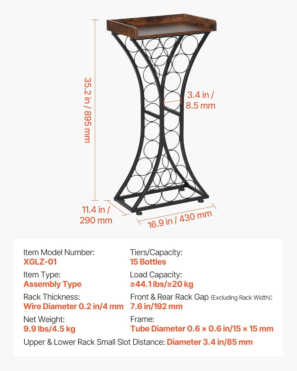 image:imageVEVOR 15 Bottle Wine RackIron Freestanding Floor Wine Holder Mini Bar Stand Liquor Cabinet with Wood Tabletop for Home BarKitchenLiving RoomDining Room169L X 114W X 352H15 Bottles