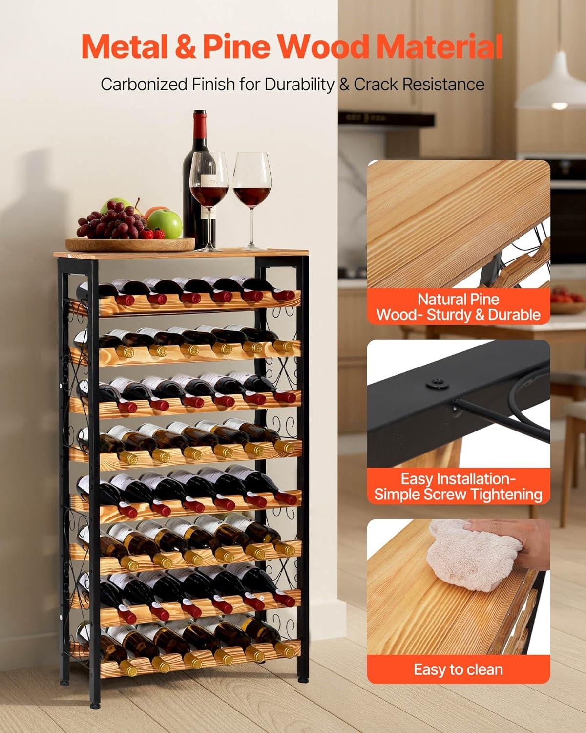 image:imageVEVOR 15 Bottle Wine RackIron Freestanding Floor Wine Holder Mini Bar Stand Liquor Cabinet with Wood Tabletop for Home BarKitchenLiving RoomDining Room169L X 114W X 352H48 Bottles