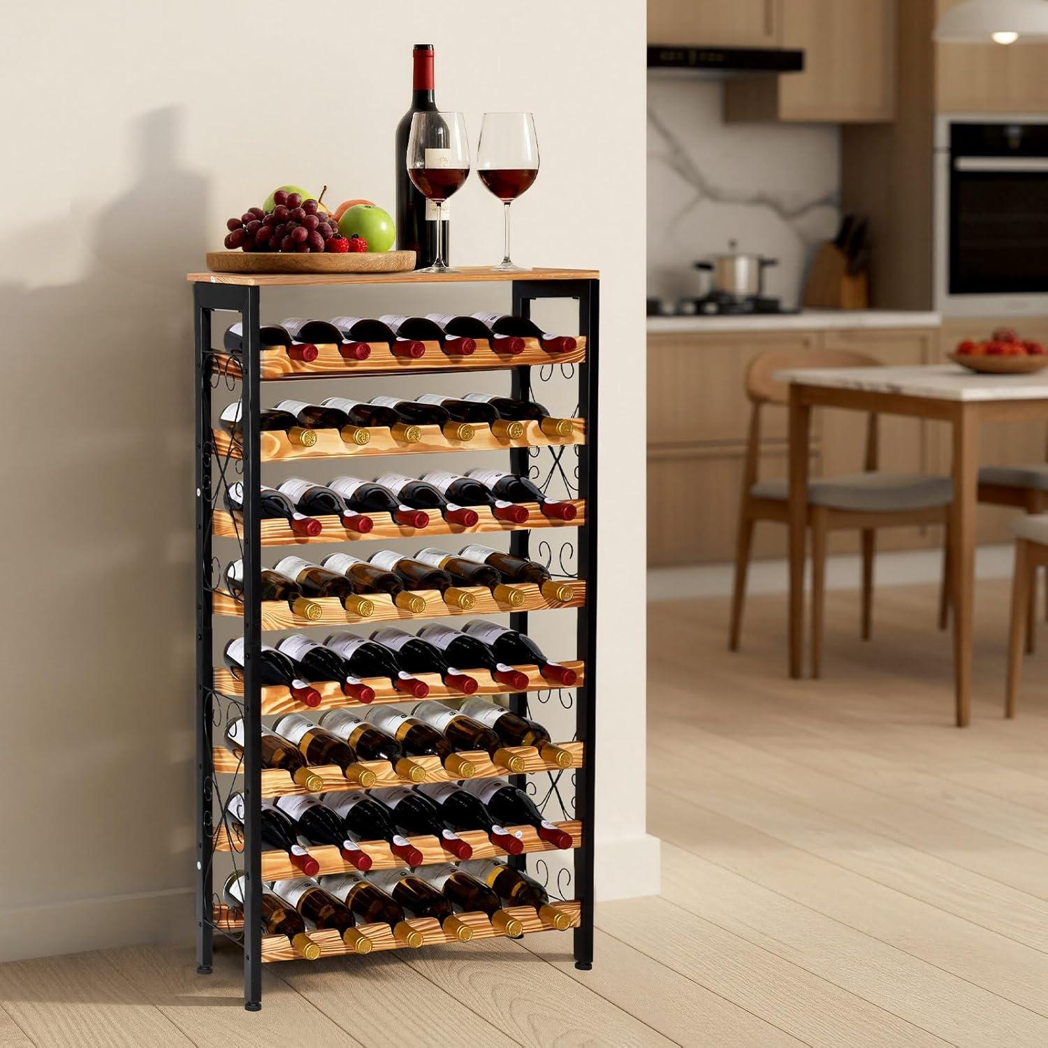 image:imageVEVOR 15 Bottle Wine RackIron Freestanding Floor Wine Holder Mini Bar Stand Liquor Cabinet with Wood Tabletop for Home BarKitchenLiving RoomDining Room169L X 114W X 352H48 Bottles