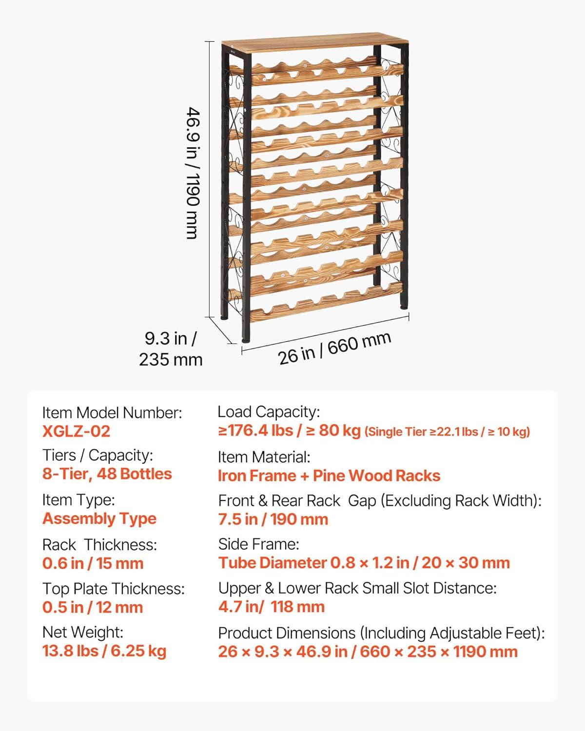 image:imageVEVOR 15 Bottle Wine RackIron Freestanding Floor Wine Holder Mini Bar Stand Liquor Cabinet with Wood Tabletop for Home BarKitchenLiving RoomDining Room169L X 114W X 352H48 Bottles