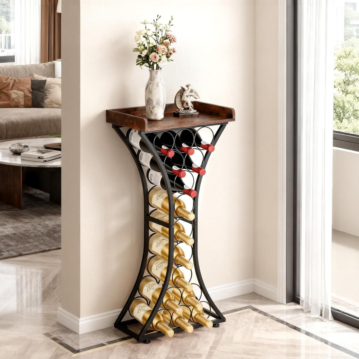 image:imageVEVOR 15 Bottle Wine RackIron Freestanding Floor Wine Holder Mini Bar Stand Liquor Cabinet with Wood Tabletop for Home BarKitchenLiving RoomDining Room169L X 114W X 352H15 Bottles