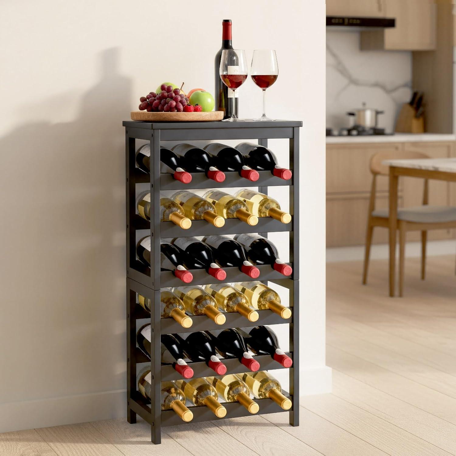 image:imageVEVOR 15 Bottle Wine RackIron Freestanding Floor Wine Holder Mini Bar Stand Liquor Cabinet with Wood Tabletop for Home BarKitchenLiving RoomDining Room169L X 114W X 352H24 Bottle
